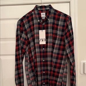 Zara Men's Casual Red and Black Checkered Shirt